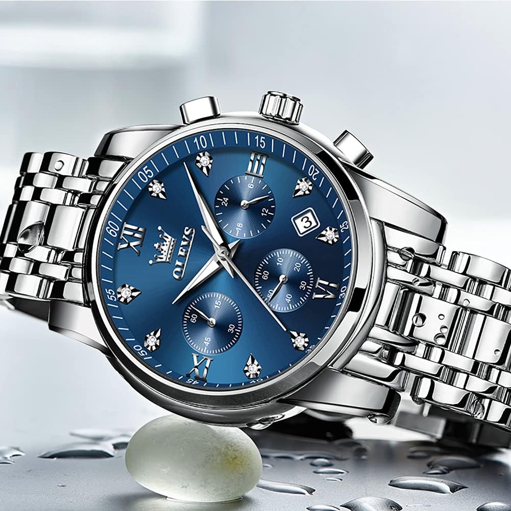 HOTOLEVS Men's Stainless Steel Chronograph Watch, Big Face Gold Silver Black Tone Easy to Read Analog Quartz Watch, Luxury Waterproof Date Diamond Roman Arabic Numerals Dial Dress Watch for Men