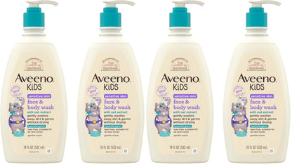 HOTAveeno Kids Sensitive Skin Face & Body Wash, Nourishing Oat Extract, Wash Away Dirt and Germs Without Drying, Kids Body Wash is Tear-Free, Hypoallergenic, Sulfate- & Dye-Free, 18 Fl Oz