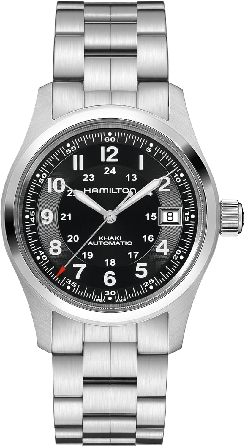 HOTHamilton Khaki Field Automatic Men's Watch, 38mm Stainless Steel Case, Swiss Made, Black Dial Analog Wrist Watch for Men, 100m Waterproof, Sapphire Crystal, 3-Hand Movement, Stainless Steel Strap