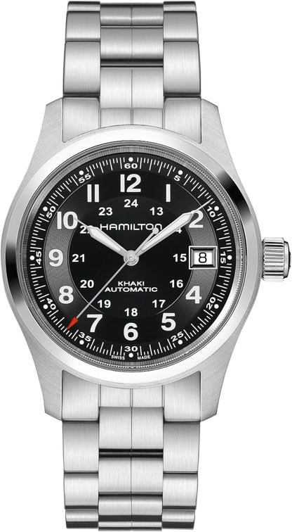 HOTHamilton Khaki Field Automatic Men's Watch, 38mm Stainless Steel Case, Swiss Made, Black Dial Analog Wrist Watch for Men, 100m Waterproof, Sapphire Crystal, 3-Hand Movement, Stainless Steel Strap