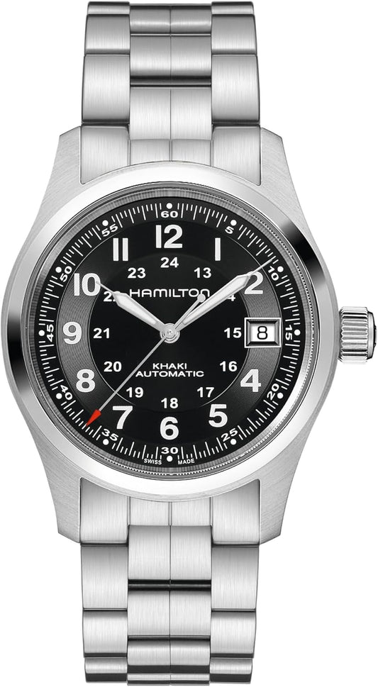 HOTHamilton Khaki Field Automatic Men's Watch, 38mm Stainless Steel Case, Swiss Made, Black Dial Analog Wrist Watch for Men, 100m Waterproof, Sapphire Crystal, 3-Hand Movement, Stainless Steel Strap