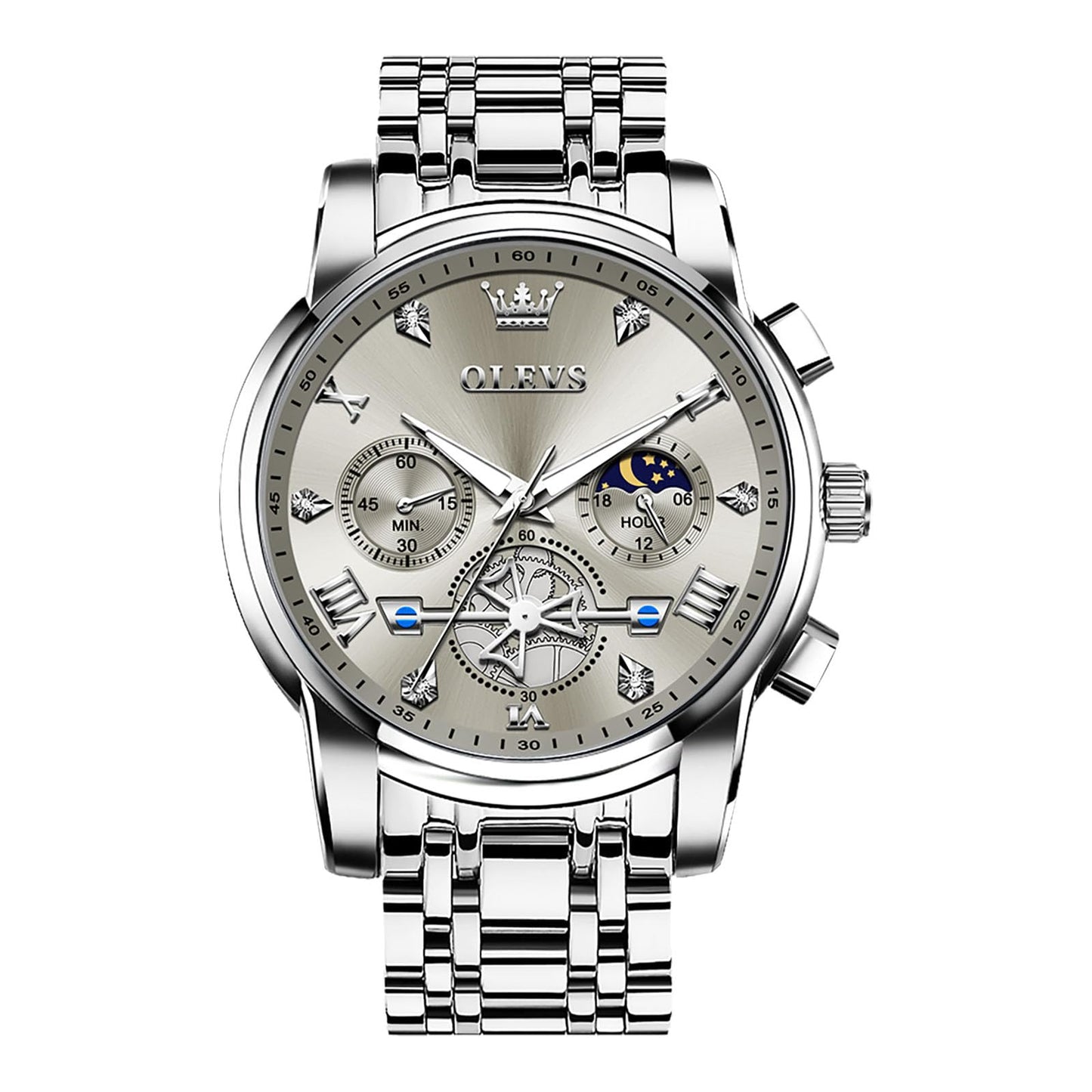 HOTOLEVS Men Watches Stainless Steel Chronograph Watch, Large Wrist Analog Quartz Watch, Fashion Waterproof Diamond Roman Numerals Dress Watches for Men, Gold/Black/White/Blue/Grey Dial