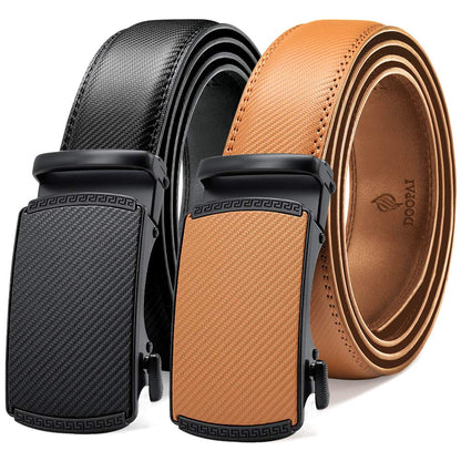 HOTDOOPAI Men's 2 Pack Ratchet Dress Belt - Adjustable 1 3/8" Genuine Leather, Size Length Can Be Cut, With Gift Box