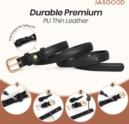 HOTJASGOOD Women Skinny Faux Leather Belt Thin Waist Belt for Women Jeans Dress Fashion Ladies Belt with Gold Buckle,21 Colors