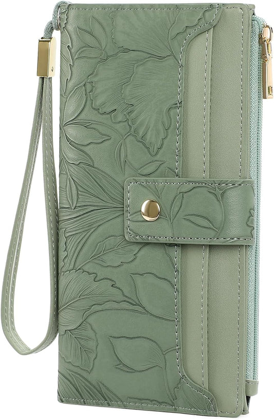 HOTSENDEFN Womens Wallet Slim Thin Bifold Card Holder RFID Blocking Vegan Leather Long Ladies Wallets with Wristlet