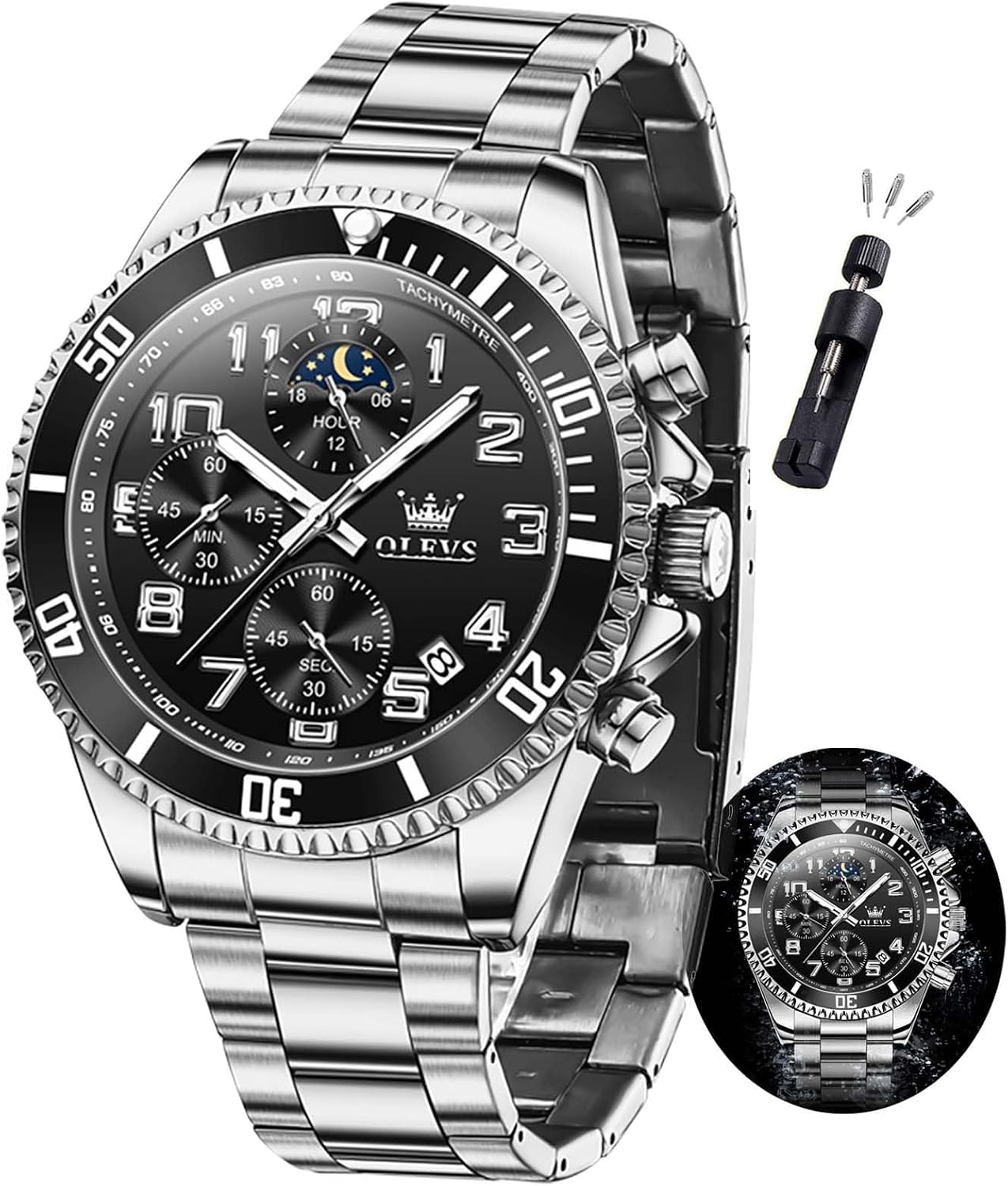 HOTOLEVS Mens Watches Chronograph Watch Luxury Dress Stainless Steel Waterproof Watches for Men Moon Phase Luminous Business Calendar Wrist Watch Blue/Black/Green/Gold/Face
