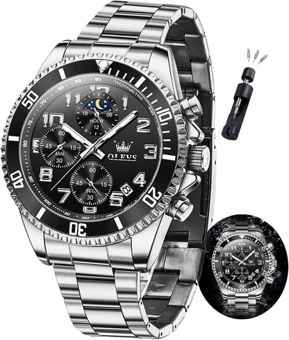 HOTOLEVS Mens Watches Chronograph Watch Luxury Dress Stainless Steel Waterproof Watches for Men Moon Phase Luminous Business Calendar Wrist Watch Blue/Black/Green/Gold/Face