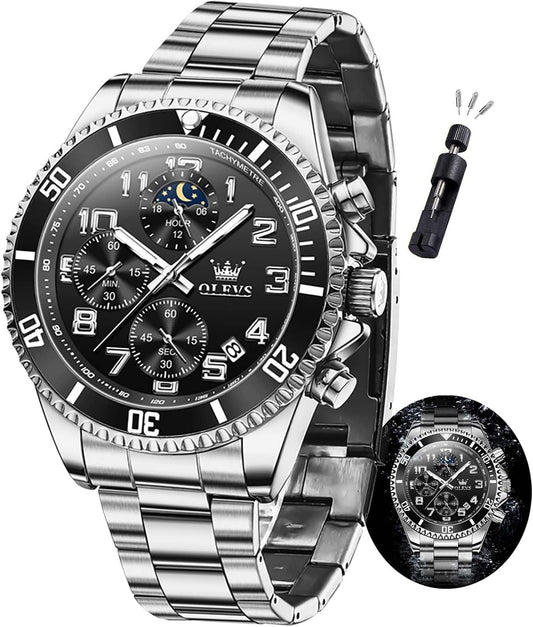 HOTOLEVS Mens Watches Chronograph Watch Luxury Dress Stainless Steel Waterproof Watches for Men Moon Phase Luminous Business Calendar Wrist Watch Blue/Black/Green/Gold/Face