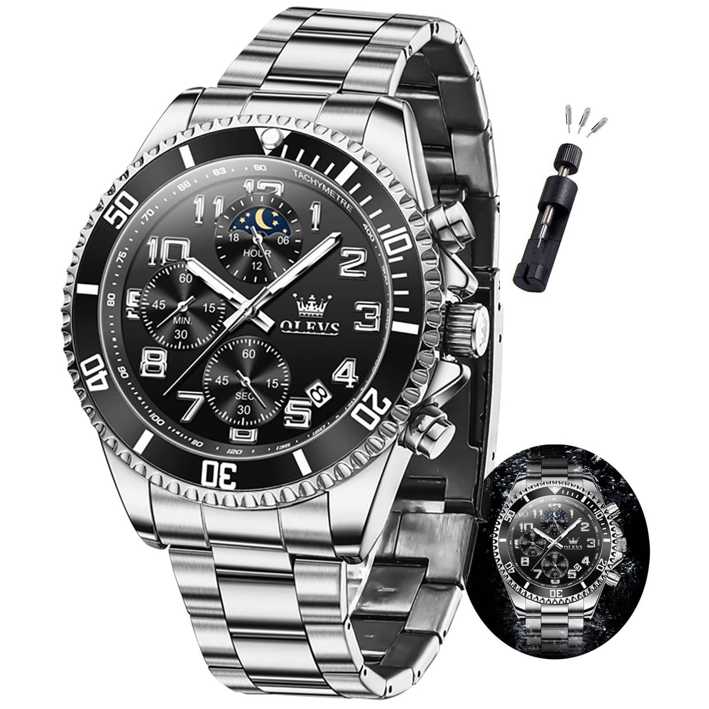 HOTOLEVS Mens Watches Chronograph Watch Luxury Dress Stainless Steel Waterproof Watches for Men Moon Phase Luminous Business Calendar Wrist Watch Blue/Black/Green/Gold/Face