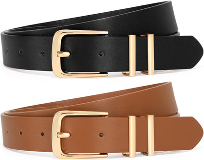 HOTSANSTHS 2 Pack Women Belt for Jeans Pants, Simple Fashion Ladies Waist Belt with Gold Buckle, 1inch Width