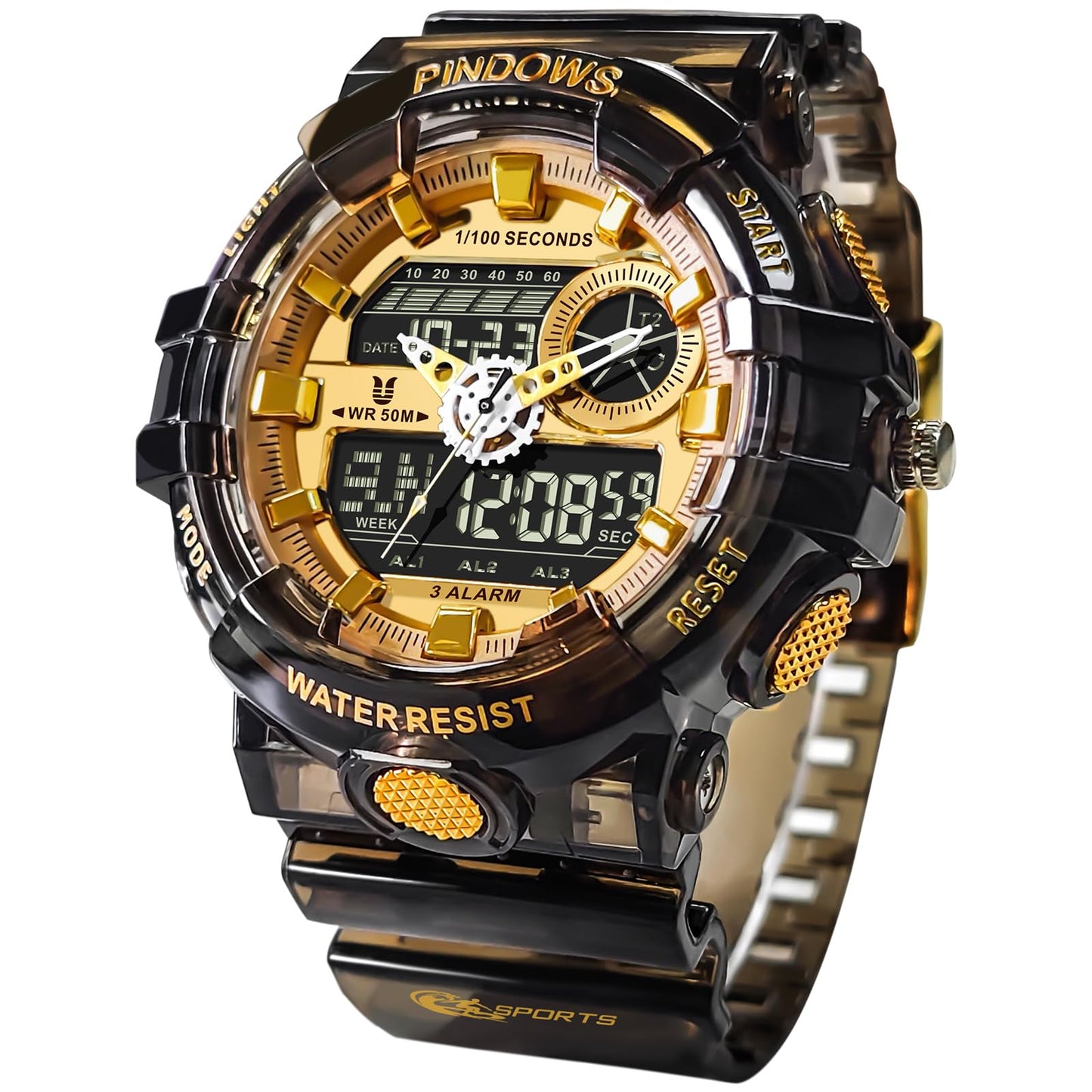 HOTPINDOWS Watches for Men, Transparent Gold Analog Digital Dual Time 50M Waterproof, LED Backlight Multifunctional with Alarms, Stopwatch, Ideal for Sports, Outdoor Activities, and Daily Wear