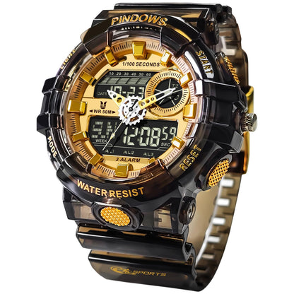 HOTPINDOWS Watches for Men, Transparent Gold Analog Digital Dual Time 50M Waterproof, LED Backlight Multifunctional with Alarms, Stopwatch, Ideal for Sports, Outdoor Activities, and Daily Wear