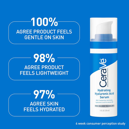 HOTCerave Hyaluronic Acid Serum for Face with Vitamin B5 and Ceramides, Hydrating Face Serum for Dry Skin, Fragrance Free, 1 Ounce