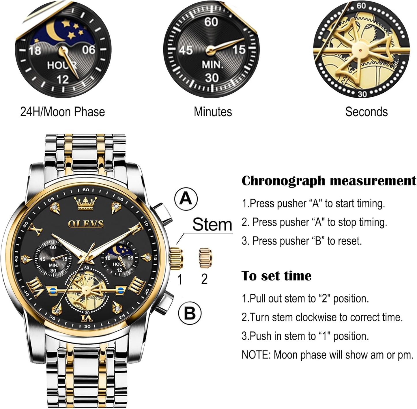 HOTOLEVS Men Watches Stainless Steel Chronograph Watch, Large Wrist Analog Quartz Watch, Fashion Waterproof Diamond Roman Numerals Dress Watches for Men, Gold/Black/White/Blue/Grey Dial
