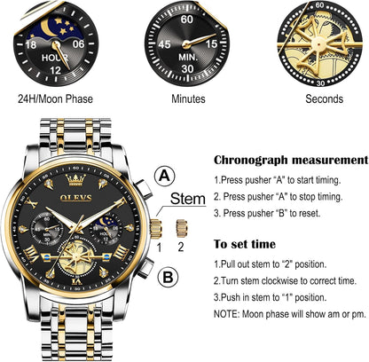 HOTOLEVS Men Watches Stainless Steel Chronograph Watch, Large Wrist Analog Quartz Watch, Fashion Waterproof Diamond Roman Numerals Dress Watches for Men, Gold/Black/White/Blue/Grey Dial