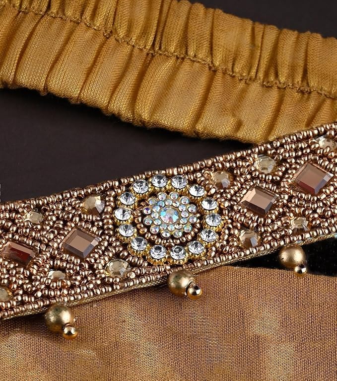 HOTTraditional Stretchable Embroidery Saree Waist Belt – Golden Cloth Kamarpatta Kamarband for Women, Temple Adjustable 30-40 Inches