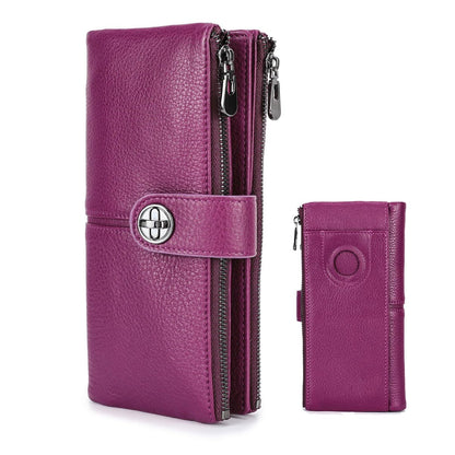 HOTCONTACTS Full Grain Leather Turnlock Wallet for Women Double Zipper Clutch Purse Compatible with AirTag Phone Organizer Rfid Wallet with 18 Card Slots (Brown)