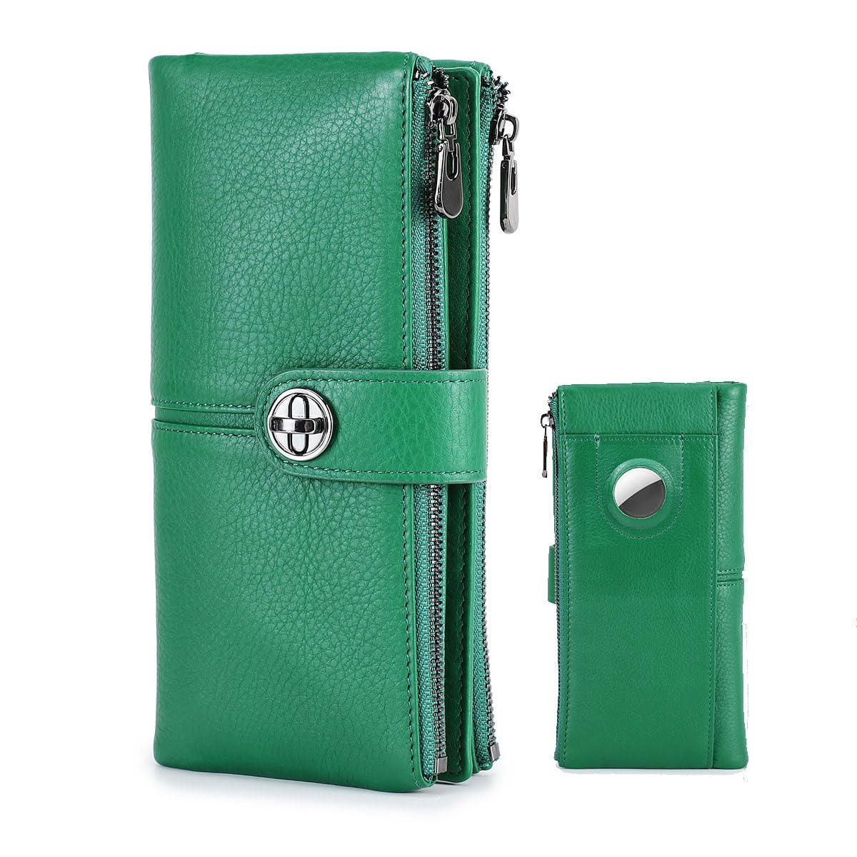 HOTCONTACTS Full Grain Leather Turnlock Wallet for Women Double Zipper Clutch Purse Compatible with AirTag Phone Organizer Rfid Wallet with 18 Card Slots (Brown)