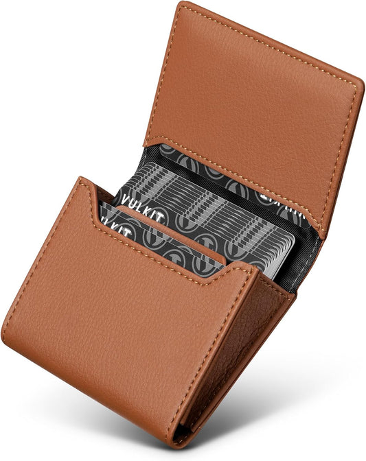 HOTReal Leather Business Card Holder Premium RFID Blocking Card Case with ID Window and Magnetic Closure Holds Up to 40 Business Cards (Grain Brown)