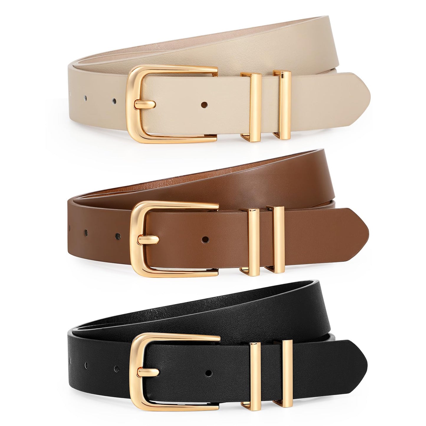HOTLEACOOLKEY 3 Pack Women's Leather Belts for Jeans Dress Pants Fashion Ladies Leather Belts with Gold Buckle
