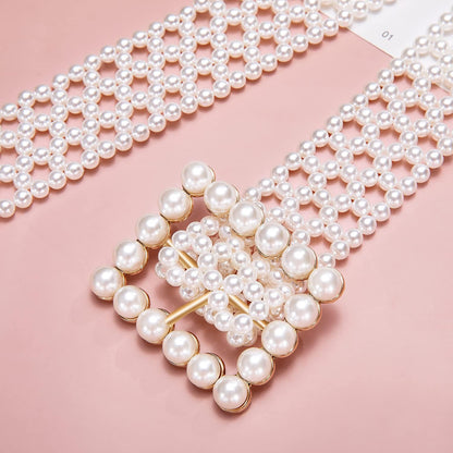 HOTDubulle Women's Pearl Belt Elastic White Waist Chain for Bridal Dress | Plus Size Belts Ivory Beige Silver Pearl Rhinestone Buckle Formal Wedding Ladies
