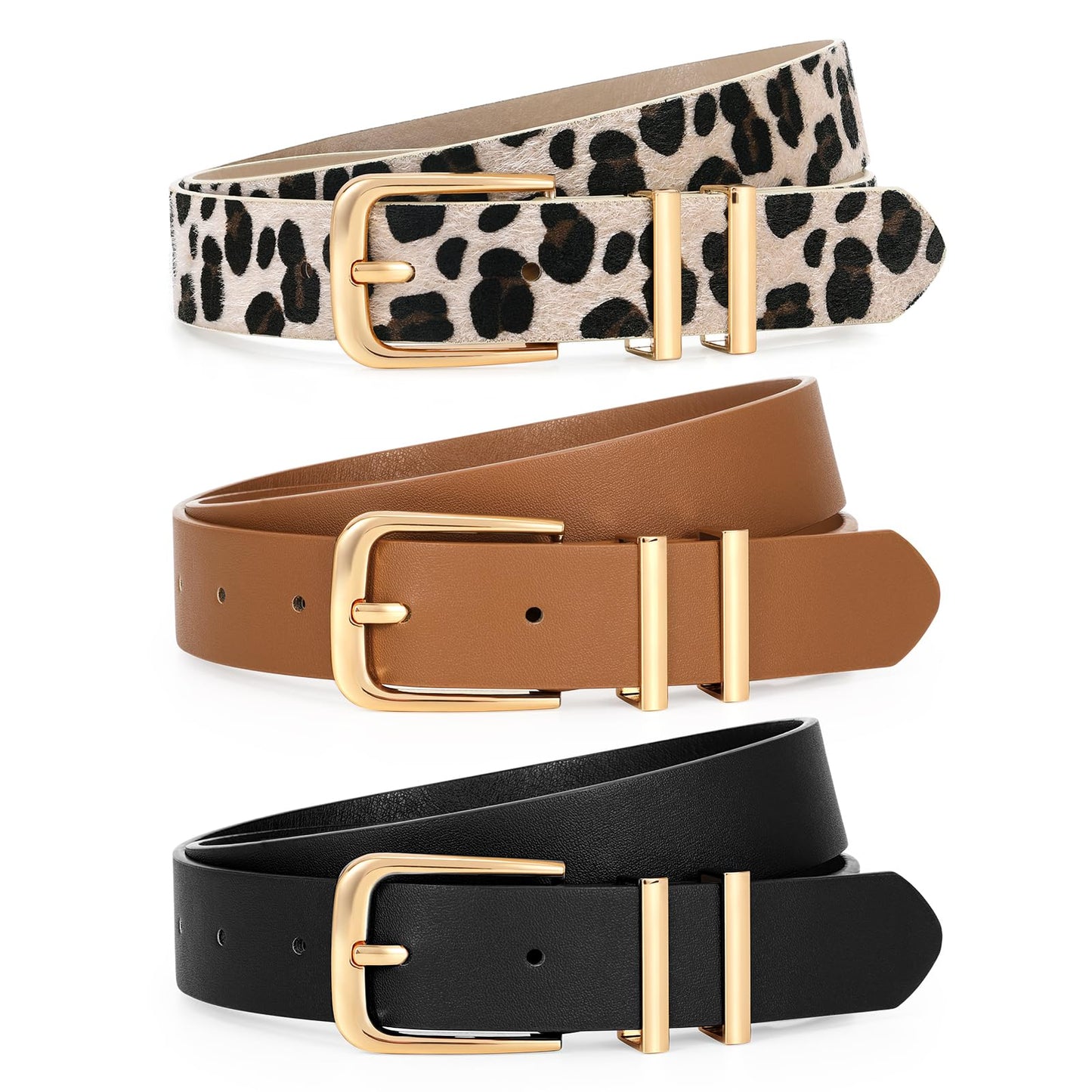 HOTLEACOOLKEY 3 Pack Women's Leather Belts for Jeans Dress Pants Fashion Ladies Leather Belts with Gold Buckle