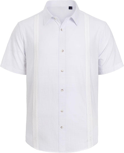 HOTMens Linen Textured Shirt Short Sleeve Button Down Cuban Guayabera Shirt | 100% Cotton, Casual Wear, Lightweight Breathable, Summer Beach, Untucked, Relaxed Fit, Vacation, Cruise, Camp, Collared
