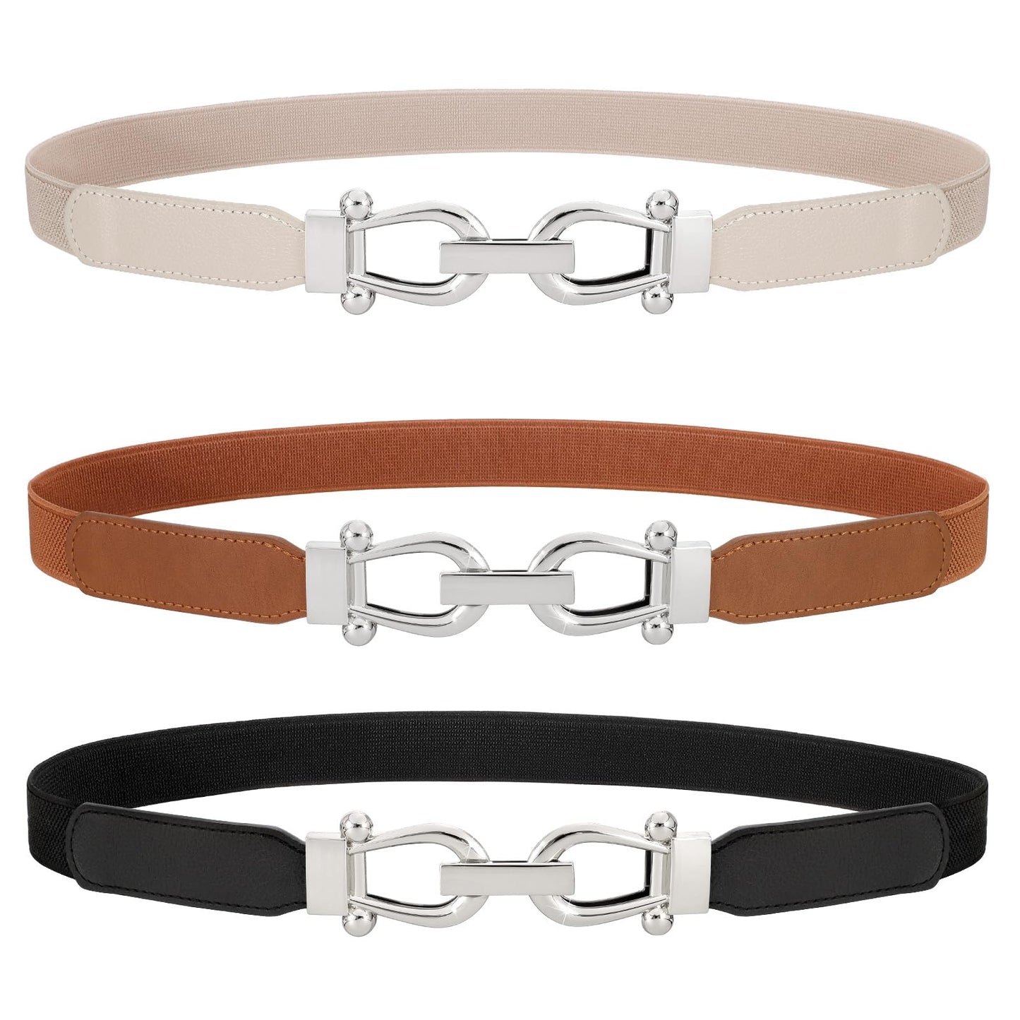 HOTWERFORU 3 Pack Women Skinny Elastic Waist Belt Gold Buckle Stretchy Thin Belt for Jeans Dress