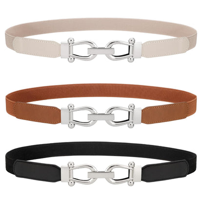 HOTWERFORU 3 Pack Women Skinny Elastic Waist Belt Gold Buckle Stretchy Thin Belt for Jeans Dress