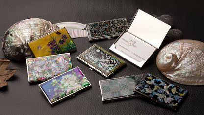 HOTRFID Blocking Mother of Pearl Business Card Holder – Slim Stainless Steel Name Card Wallet for Men and Women with Gift Box (Pathwork Multicolor)