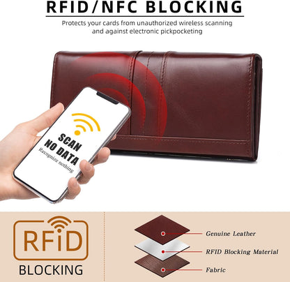 HOTRFID Blocking Wallets for Women Leather Long Ladies Wallet Bifold Womens Wallet with Coin Pocket ID Window,Coffee