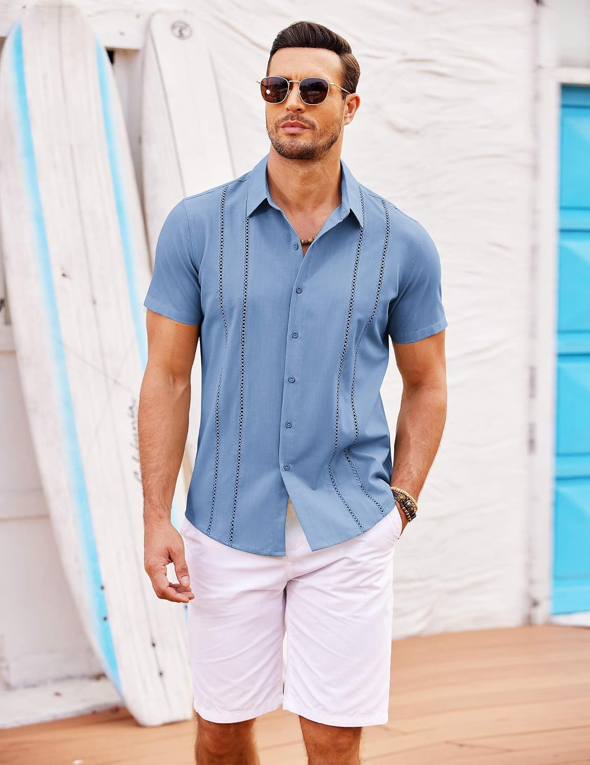 HOTCOOFANDY Men's Cuban Guayabera Shirt Short Sleeve Button Down Shirts Casual Summer Beach Linen Shirts