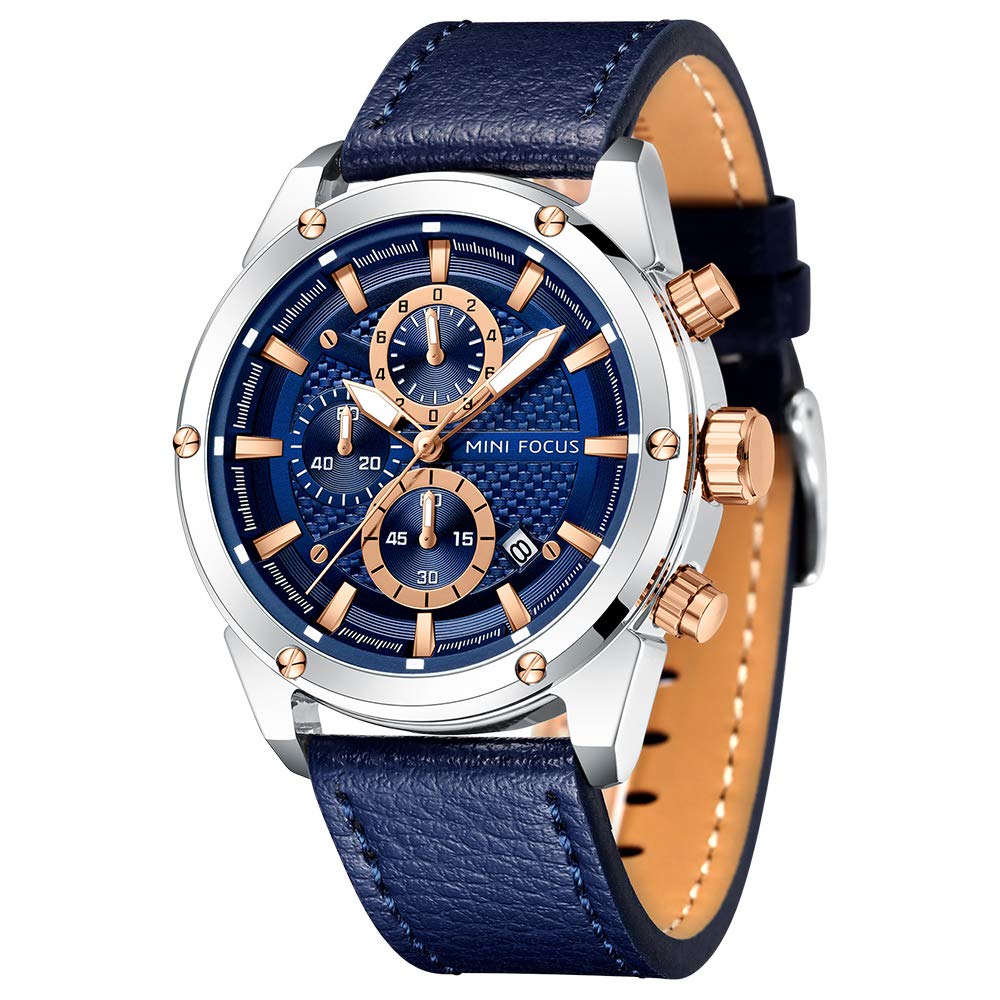 HOTMF MINI FOCUS Men Watches Business Casual Wrist Watches (Multifunction/Waterproof/Luminous/Calendar) Genuine Leather Band Fashion Watch for Men