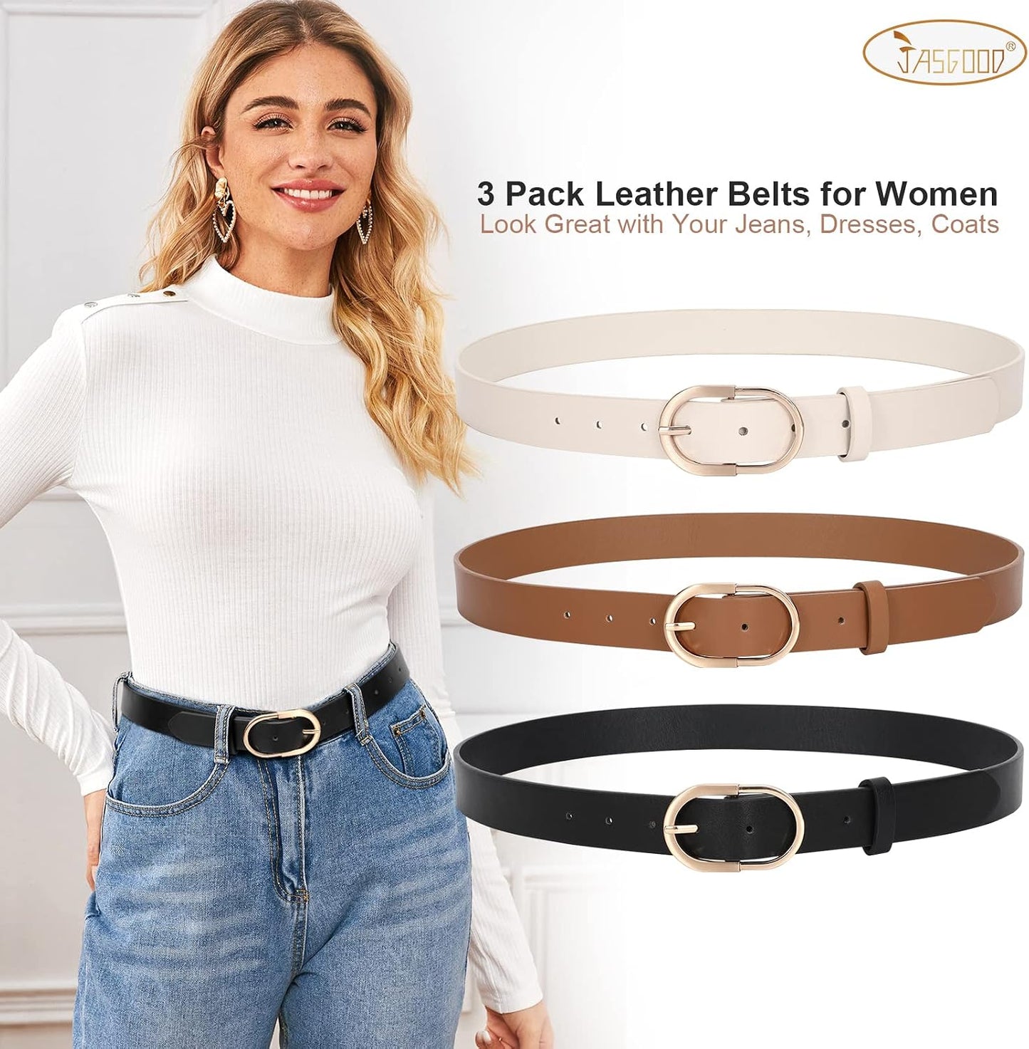 HOTJASGOOD Women’s Leather Belts for Jeans Pants Fashion Ladies Belt with Gold Buckle
