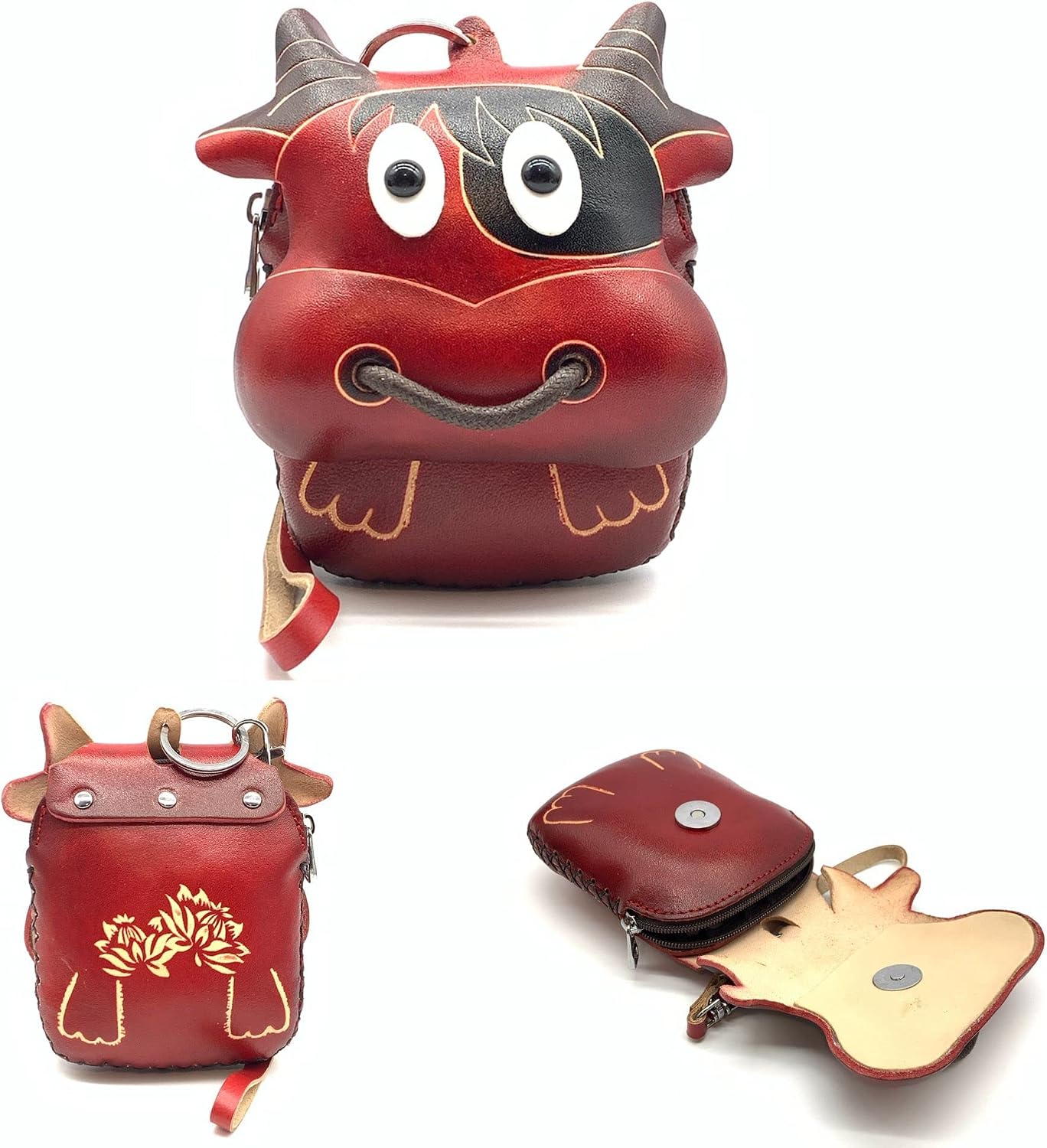 HOTVintage Genuine Leather 3D Animal Bull Coin Purse with keyring & Removable wrist strap (Red)