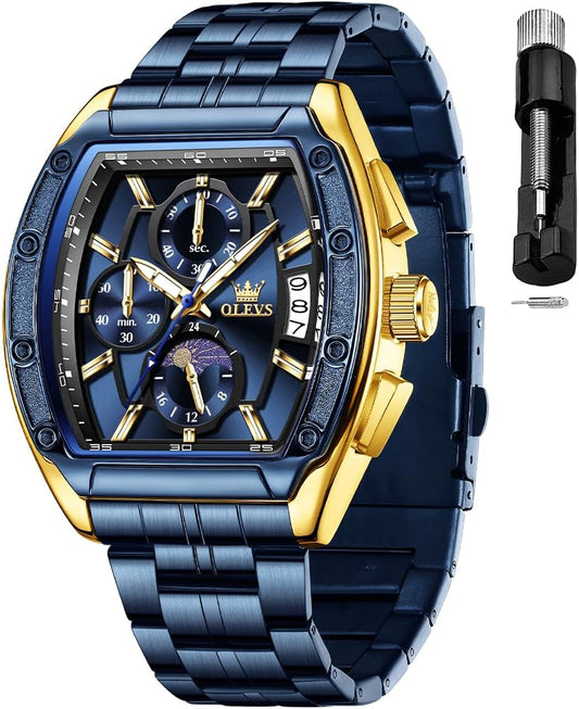 HOTOLEVS Mens Watches Analog Quartz Chronograph Square Dress Watch for Man Stainless Steel or Leather Band Waterproof Luminous Date Male Watch
