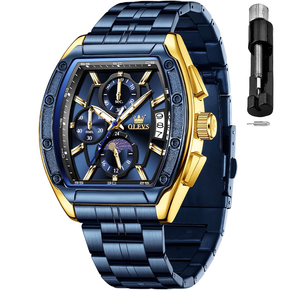HOTOLEVS Mens Watches Analog Quartz Chronograph Square Dress Watch for Man Stainless Steel or Leather Band Waterproof Luminous Date Male Watch