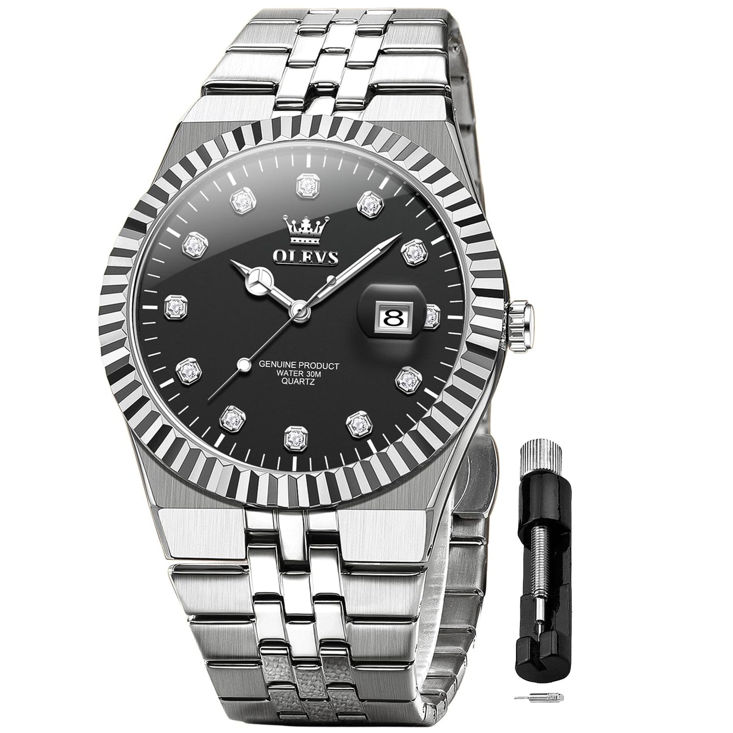 HOTOLEVS Mens Watches Luxury Diamond Calendar Stainless Steel Male Watches Business Dress Waterproof Luminous Fashion Watch for Men