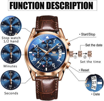 HOTOLEVS Men's Watches Brown Leather with Date,Casual Watches for Men,Large Face Watches Men,Chronograph Mens Watch,Sport Waterproof Business Dress Analog Quartz Men's Wrist Watches Reloj De Hombre