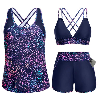 HOTWomen's 3 Piece Tankini Swimsuit Tummy Control with Bra Pocket Boy Shorts | Modest Bathing Suit, Athletic Style, Strappy-Back Support, High-Waist Fit, Built-In Brief, Side Pockets, Beach Swim Days
