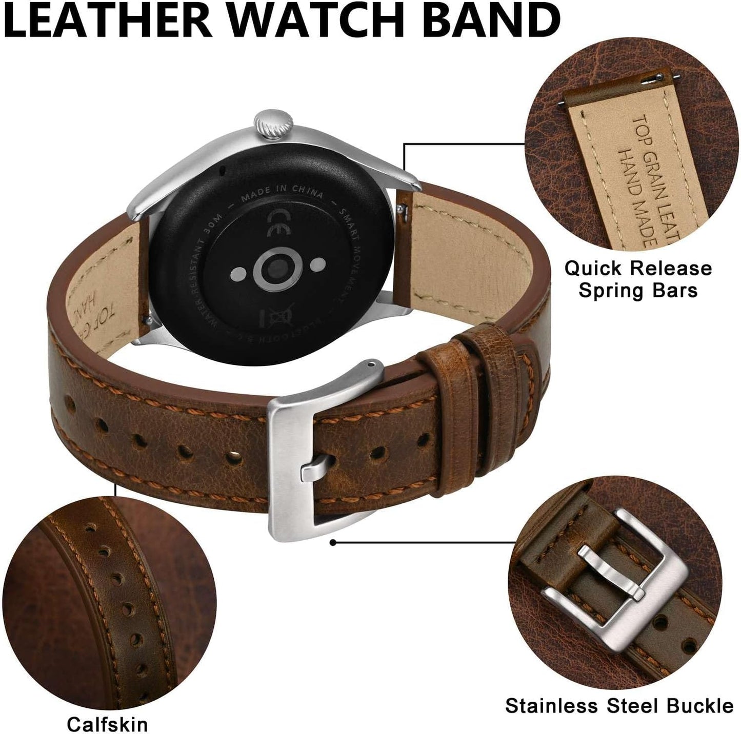 HOTBISONSTRAP Leather Watch Straps, Classic Oil Waxed Leather, Quick Release Replacement Band for Men and Women, Band Width 18mm 20mm 22mm