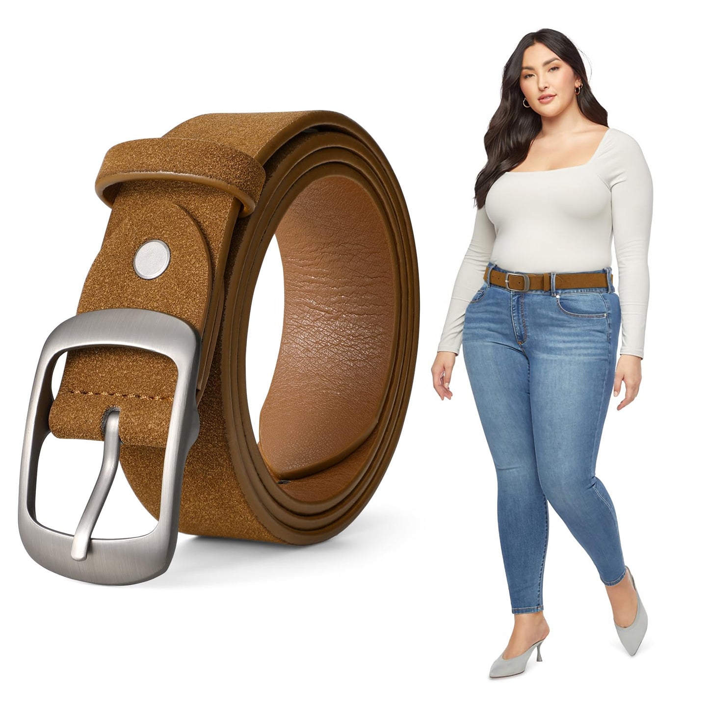 HOTJASGOOD Plus Size Women Leather Belt Black Casual Waist Belt for Jeans Pants with Metal Pin Buckle