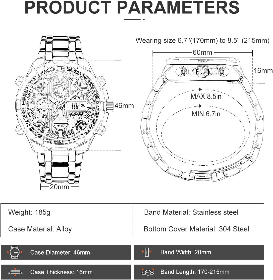 HOTGOLDEN HOUR Luxury Stainless Steel Analog Digital Watches for Men Male Outdoor Sport Waterproof Big Heavy Wristwatch