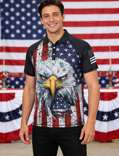 HOTRAISEVERN Mens American Flag Print Golf Polo Shirt Patriotic Raglan Sleeve Tees