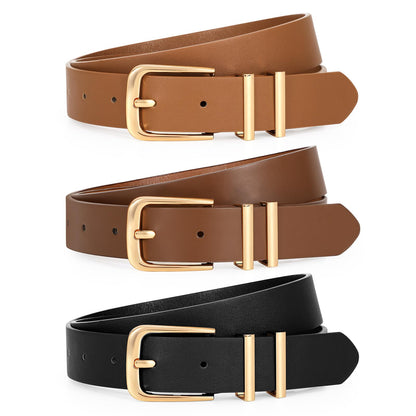 HOTLEACOOLKEY 3 Pack Women's Leather Belts for Jeans Dress Pants Fashion Ladies Leather Belts with Gold Buckle