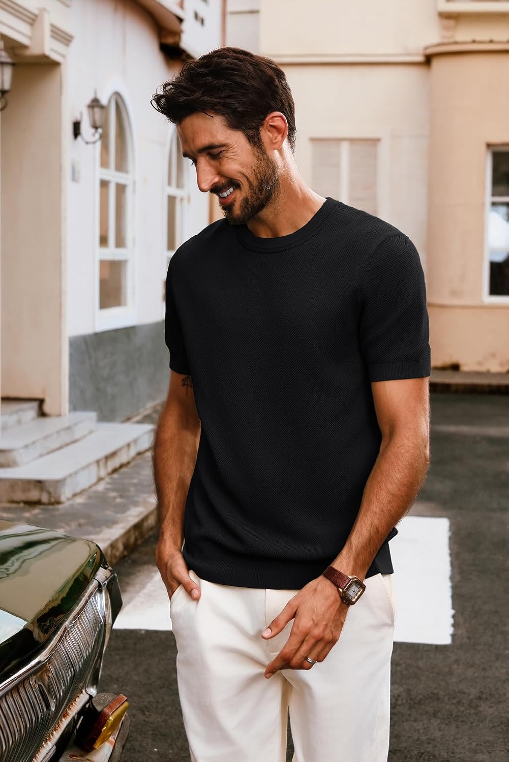 HOTPJ PAUL JONES Mens T Shirts Casual Knit Short Sleeve Tee | Crewneck, Textured Stretch T-Shirts, Lightweight, Comfortable, Breathable, Summer Clothing, Fashion, Classic, Vacation