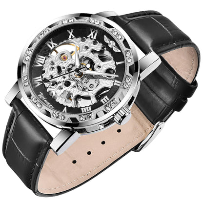 HOTMen's Skeleton Mechanical Roman Numeral Mesh Strap Watch, Hand Winding Mechanical Mesh Luminous Waterproof Watch for Men