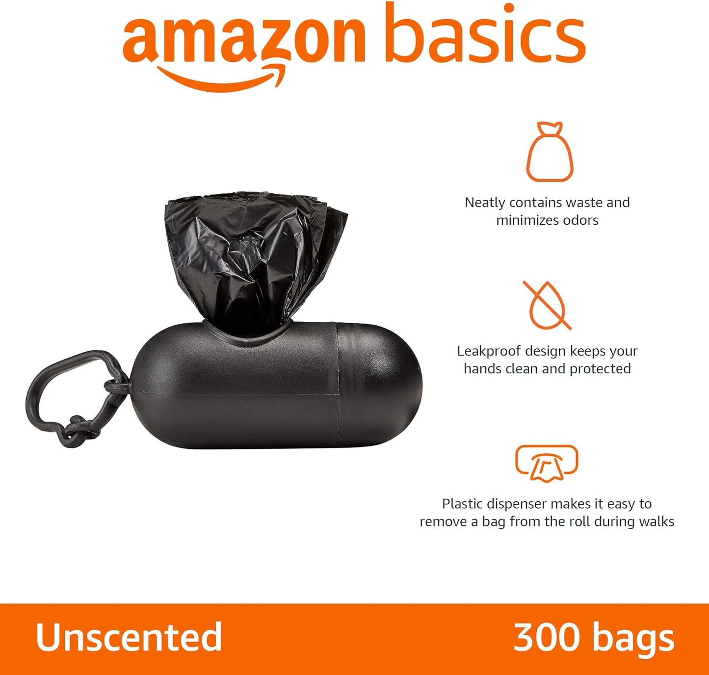 HOTAmazon Basics Dog Poop Leak Proof Bags with Dispenser and Leash Clip, Unscented, 13" x 9" Large Size, 300 Count
