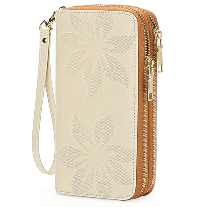 HOTGOIACII Women's Wallet Large Capacity Double Zip Ladies Card Phone Holder RFID Blocking Wristlet Leather