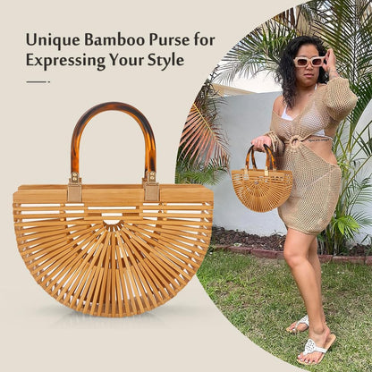 HOTNatural Women's Tote Bamboo Purse by Handmade Beach Straw Purse for Summer